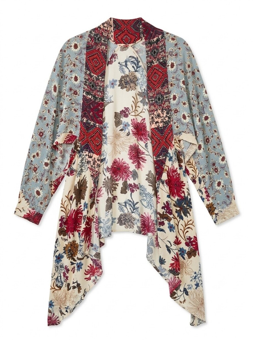 Boho Floral Patchwork Draped Kimono, Duster, Cover Up S/M‎